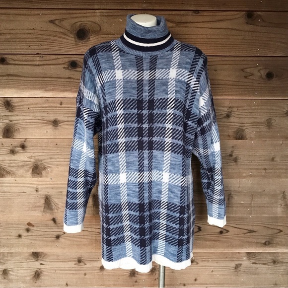 Delia McKain Blue Vintage Plaid Turtleneck Size Large - Picture 1 of 14